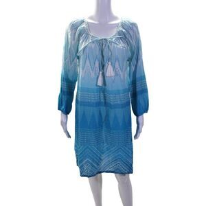 One Season Womens Abstract V-Neck Long Sleeve Pullover Tunic Dress Blue Size L